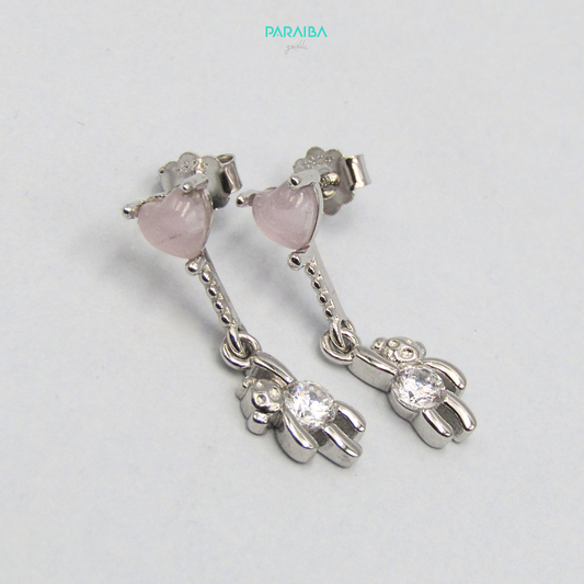 Orecchini teddy pendente cuore rosa